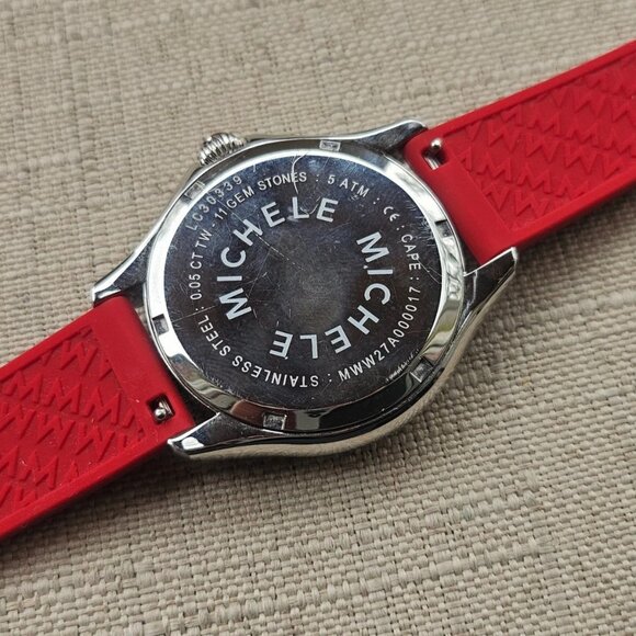 Michele Ladies Wristwatch Red Rubber Strap Analog Quartz 11 GEM Stones Watch - Picture 12 of 12